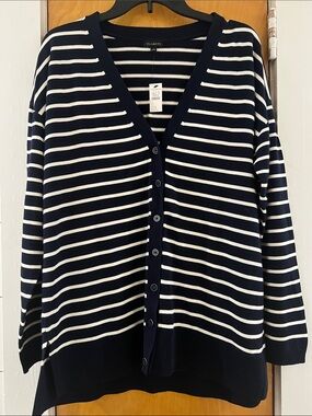 Talbots Navy and White Striped V-Neck Button-Up Cardigan